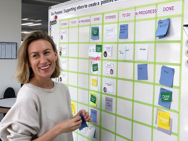 Click the image of Boost agile coach Lauren at a project board to read our post on how to manage project risk by limiting WIP. 