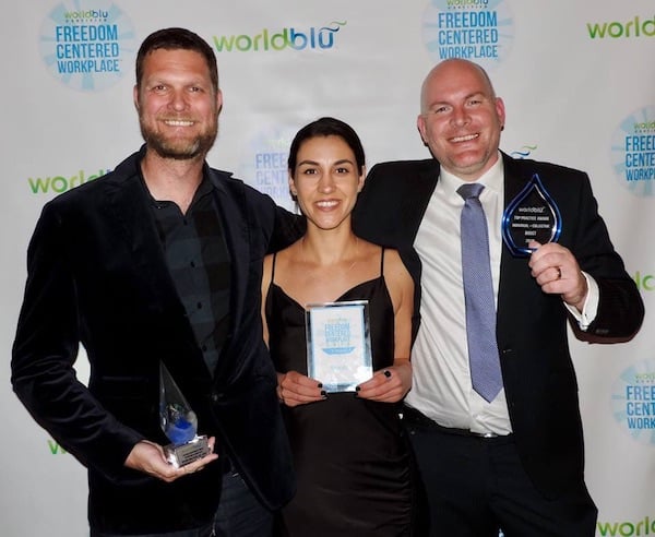 Click the photo of Nathan Donaldson, Rebecca Jones and Gavin Coughlan with their Worldblu Awards to learn more about our award-winning Culture Posters. 