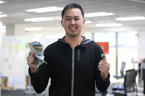 Boost World Cup sweepstake winner Yar celebrate's France's victory with his winnings.